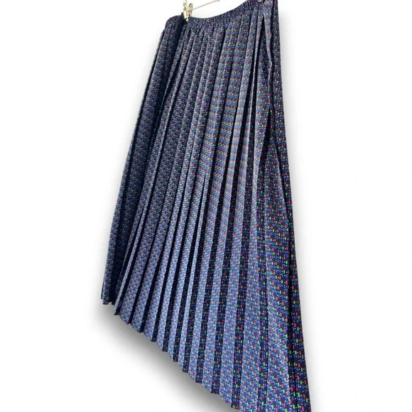 Leslie Fay Pleated Midi Skirt Women Size 12 Navy Blue Multi Good Vintage Dot - Picture 6 of 9